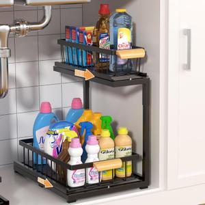 2-Tier Under Sink Organizer, Black Metal Storage Rack, Easy Assembly Cabinet Shelf, 14.37x8.86x10.83 Inch, for Kitchen Bathroom Office (Black, Large-1 Pack)