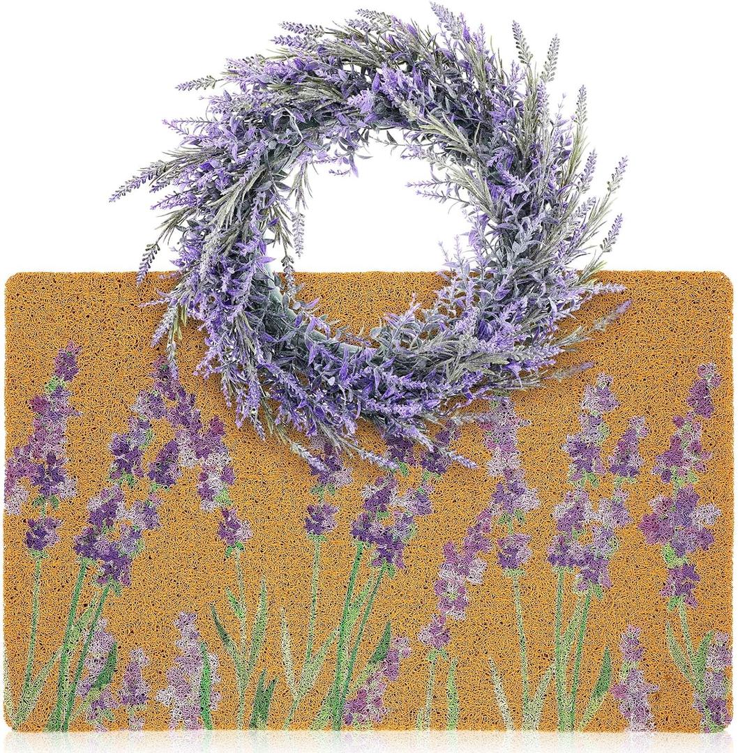 Floral Coir Doormat and Spring Wreath Set Flower Welcome Door Mat for Front Door 17.7 x 29.5 Inch Coco Coir Doormat Summer Porch Decor for Garden Garage Patio Home Entrance(Lavender)