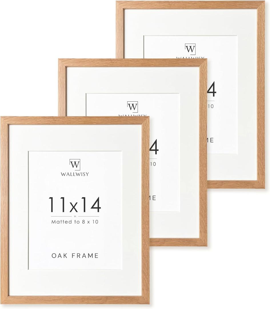 11x14 Picture Frame, 11x14 Solid Oak Frames with Mat to 8x10, 14x11 Wooden Frames for Wall, Natural Oak Wood Frame, Set of 3