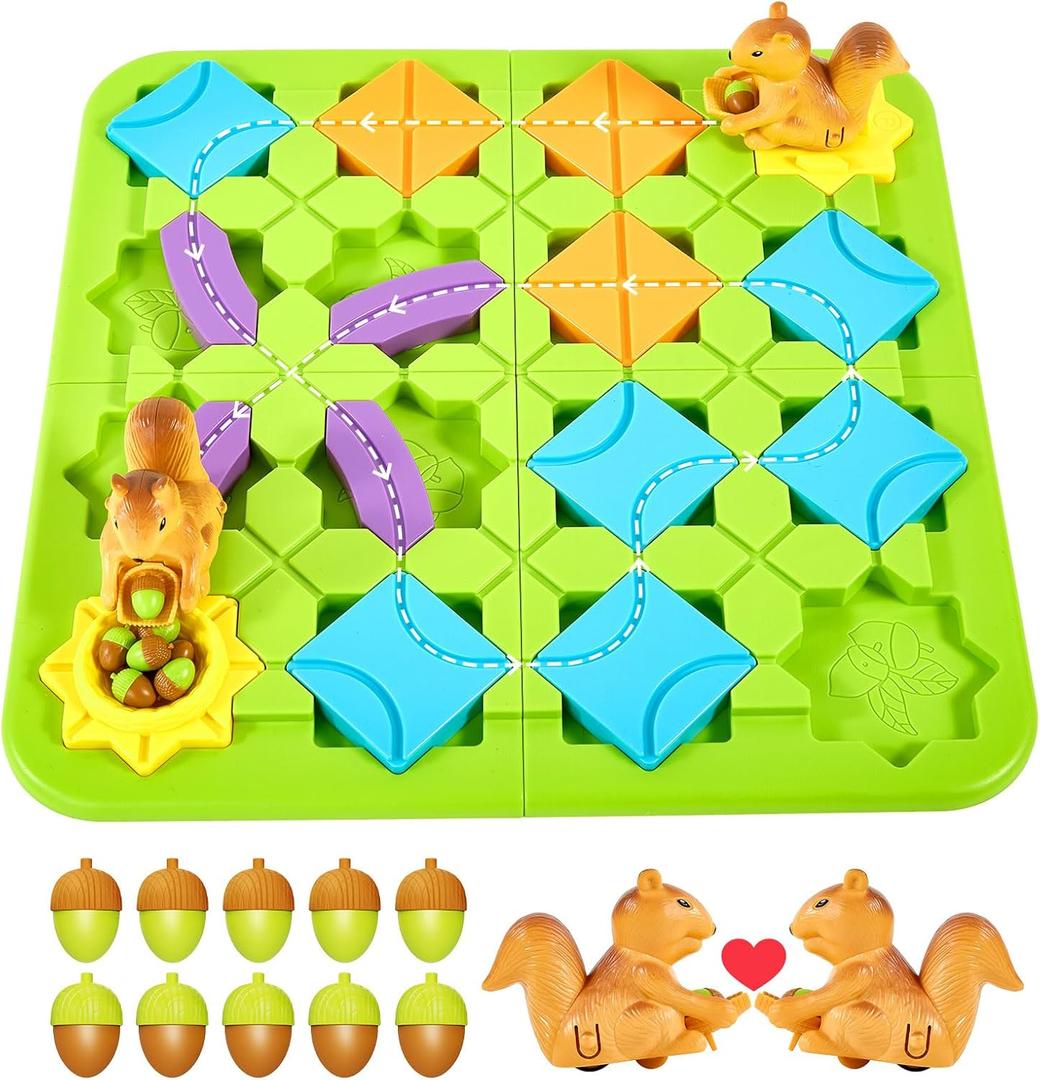 Airkid STEM Board Games Brain Toys, Maze Brain Teaser Puzzles Learning Games for Kids Ages 4-8, 118 Challenges 5 Difficulty Levels Squirrel Logic Track Building Blocks, Educational Toys Birthday Gifts