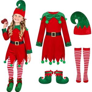 Christmas Elf Costume for Kids - Girls Elf Dress Set Velvet Cosplay Santa's Helper Costume Xmas Outfit (10-11 Years)