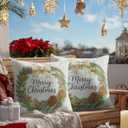 HOMETITUTE Set of 2 Christmas Throw Pillow Covers 18x18 Inch Linen Decorative Merry Christmas with Pine Cones Berries Bells Farmhouse Winter Holiday Pillow Cases for Sofa Couch Bed