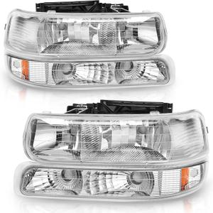 AUTOSAVER88 Headlight Assembly Compatible with 1999 2000 2001 2002 Chevy Silverado 1500 2500 1500HD 2500HD 3500/2000-2006 Tahoe Suburban Headlamp Pair with Bumper Lamp Chrome Housing Amber Reflector