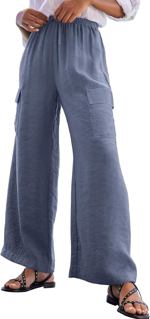 EVALESS Women Wide Leg Cargo Pants Summer Casual Drawstring Waist Lounge Trousers 2026 Beach Vacation Travel Clothes, Large, Dark Grey