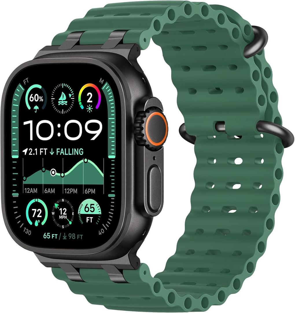 Ocean Sport Bands Compatible with Apple Watch Ultra 2/Ultra Band 49mm 46mm 45mm 44mm 42mm for Men Women, Metal Connector with Breathable Silicone Waterproof Strap for iWatch Series 10 9 8 7 SE 6 5 4 3 (Green/Black)