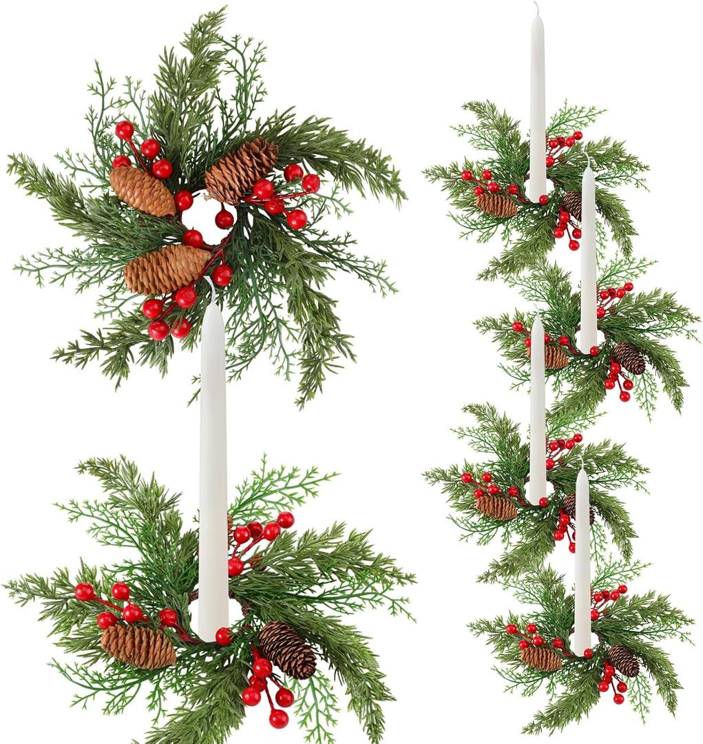 Giegxin 6 Pcs Christmas Taper Candle Rings Wreath with Burgundy Red Berry 1.25" Inner Diameter Mini Artificial Cedar Pine Garland Candle Ring Holder for Christmas Wedding Winter Home Table Centerpiece (Green)