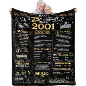 25th Anniversary Blanket Gifts Gift for 25th Silver Wedding Anniversary 25 Years of Marriage Gifts for Couple Wife Husband Dad Mom Parents Back in 2001 Throw Blanket 60Lx50W Inch