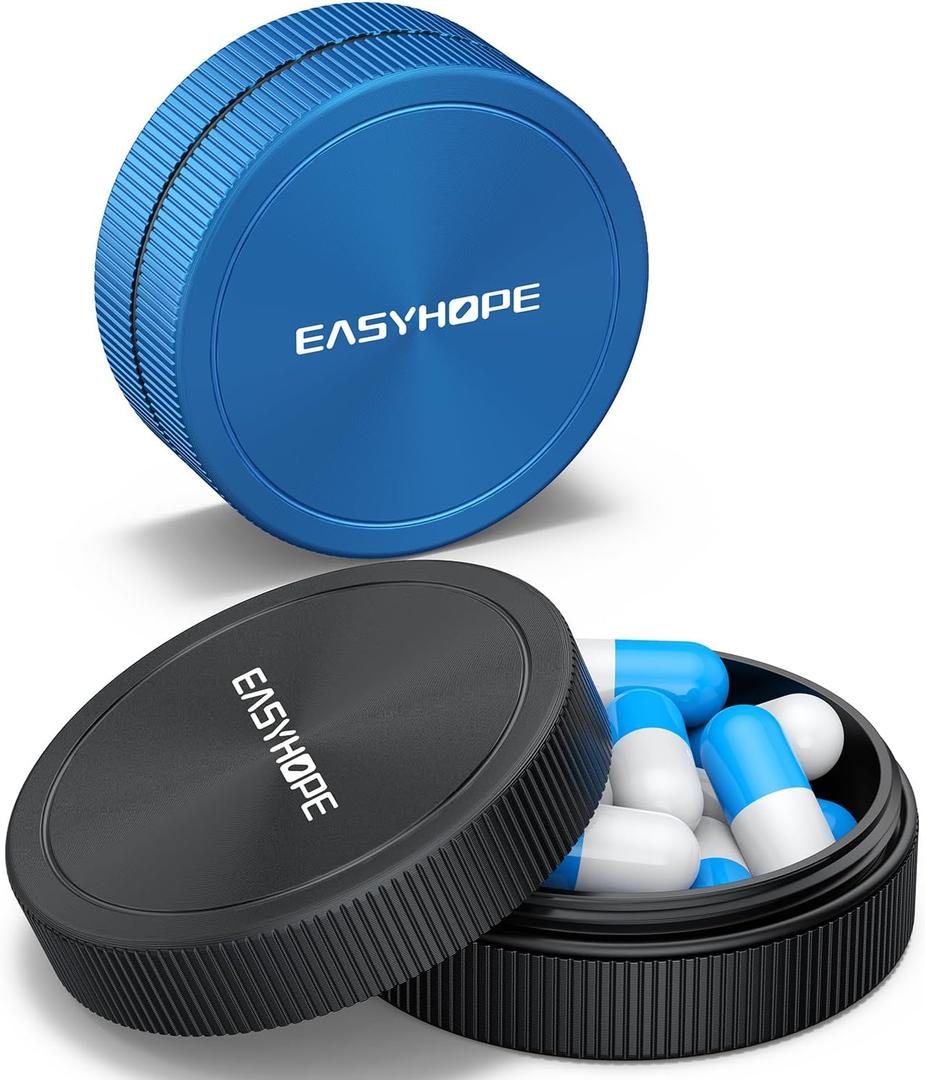 Small Pill Box & Earplug Case, (2 Pack) Metal Aluminum Alloy Bottle Waterproof Mini Travel Medicine Organizer Portable Container, Hold Jewelry Vitamins,Fish Oil - Compatible with, Loop, Vibes,Eargasm (Black+blue)