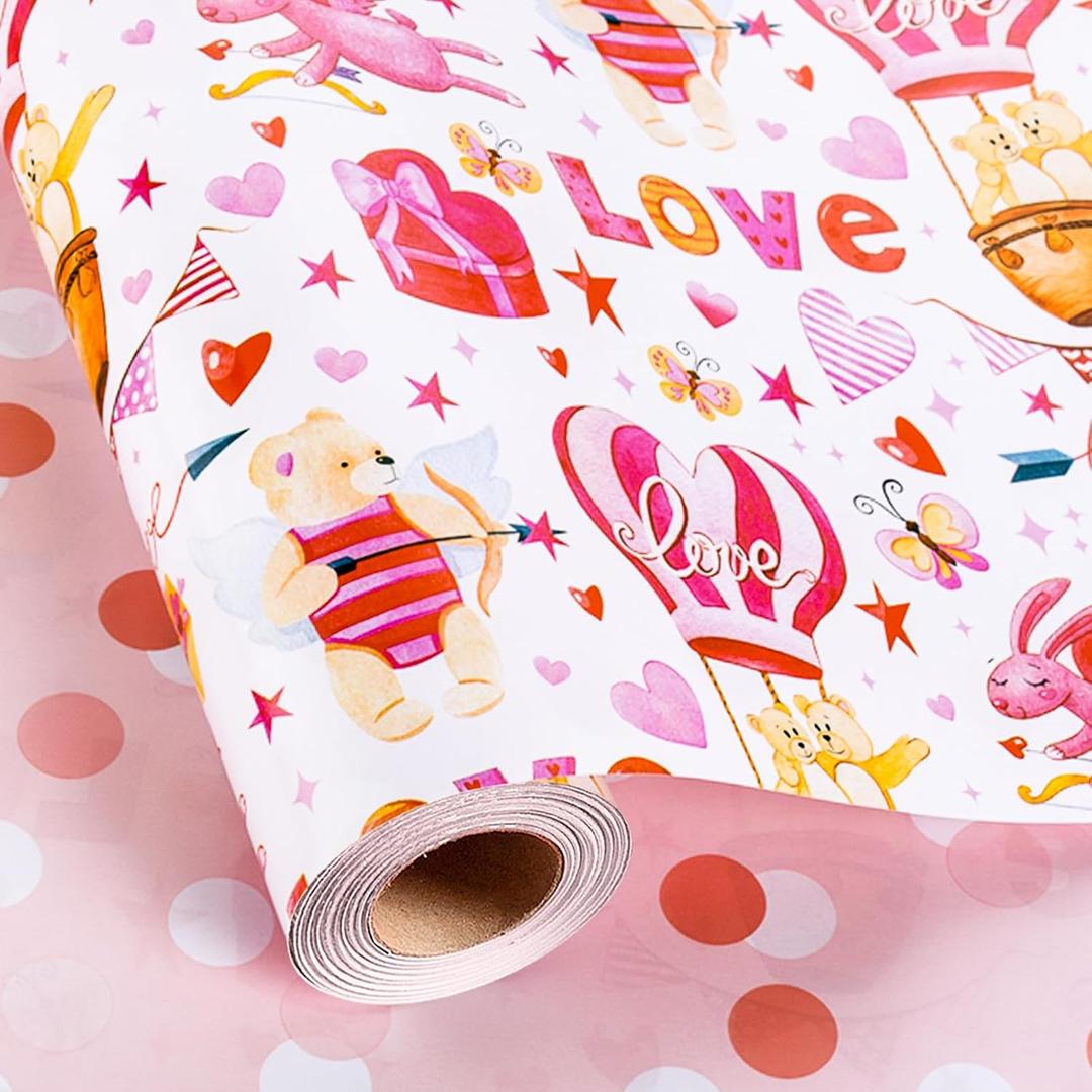 Homeral Pink Bear Baby Wrapping Paper - Mini Roll - 17 Inch x 33 Feet - Rabbit, Hot Air Balloon & Polka Dot Reversible Gift Wrap for Baby Shower, Valentine's Day, Wedding, Anniversary, Birthday, 17 in x 32.8 ft