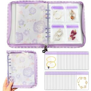 Jewelry Storage Book Transparent Earring Bracelet Rings Necklace Pouch Organizer Zipper Bag with pockets (purple)