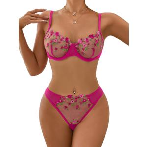 Lilosy Sexy Floral Embroidered Flower Mesh Underwire Push Up Lingerie Set (Small, Hot Pink)