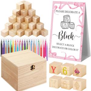 Marsui 136 Pcs Baby Shower Blocks to Decorate Game Kit Includes 98 Wooden Blocks, 36 Markers, 1 Game Sign, 1 Storage Box for Baby Shower Gender Reveal Activity Party Decorations(Pink Bow)