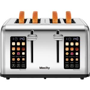 Mecity 4 Slice Toaster with Touch Screen Control, 4 Wide Slots, Stainless Steel Smart Bread Toaster for Bagels, Muffins, Waffles, Dual Control Panel, Timer, Defrost, Reheat, 120V 1650W