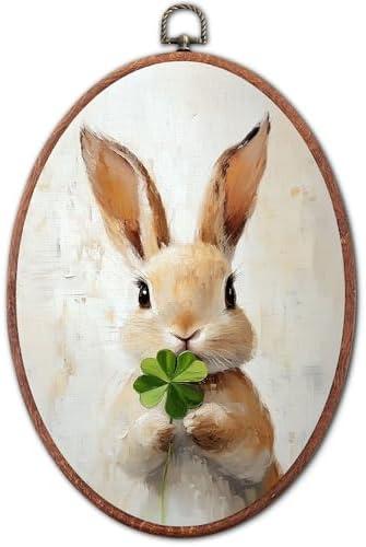Jinhaichen Vintage Easter Bunny Oval Wall Art Framed, Easter Clover Oval Wall Decor, Rustic Cottagecore Farmhouse Hanging Canvas Prints for Bedroom Living Room Decoration, 8.6x11.4 Inch