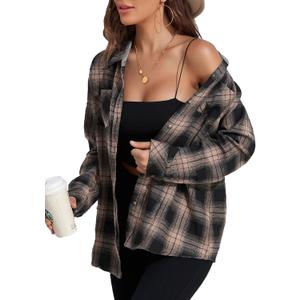 KevaMolly Plaid Flannel Shirts for Women Loose Fit Boyfriend Button Down Shirt Long Sleeve Casual Flannel Blouse Tops (Medium, Brown Black)