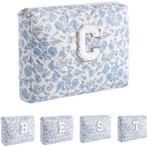 Alphabet Makeup Bag Cosmetic Bag for Women, Christmas Gifts for Age 11-18, Personalized Floral Coquette Travel Bag, Trendy Stuff Zipper Make Up Pouch Organizer Bag (Blue Floral C)