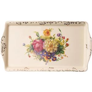 YOLIFE Ceramic Tea Serving Tray, Floral with Gold Leaves Trim Decorative Platter for Tea Party - 13.5 x 7.5 inch (Flowering Shrubs)