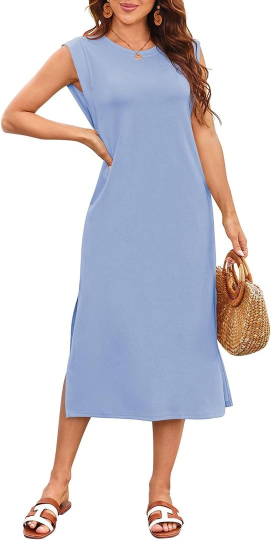 Naggoo Summer Dresses for Women 2026 Sleeveless Casual Split Midi Dress Maxi Beach Travel Vacation Sundress with Pockets (Blue)