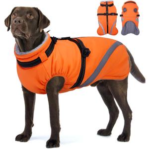 BRKURLEG Dog Winter Jackets for Large Dogs, Dog Coat with Harness Built in, Dogs Snowsuits with Zipper, Waterproof Windproof Pet Puffer Jacket Fleece Vest for Labrador, Dalmatian, Orange XXL