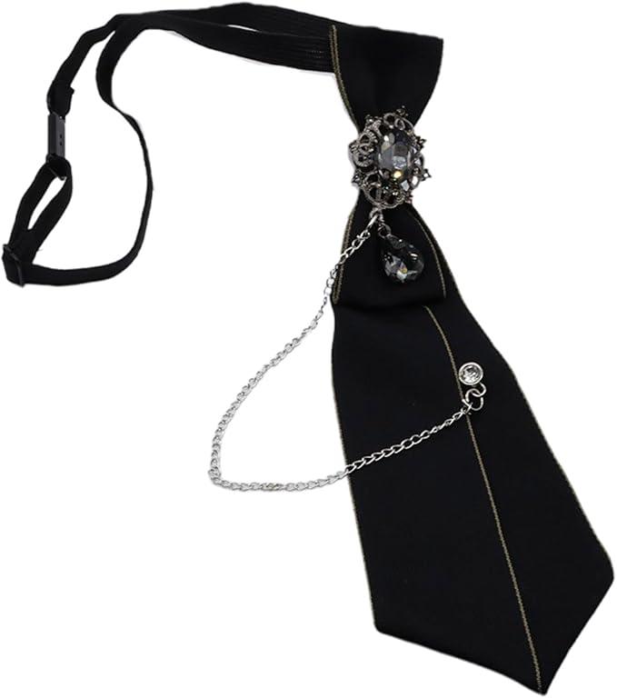 Thereisno Gothic Black Necktie for Rhinestone Pendant Metal Chain Evening Party Pretied Bo Neck Tie