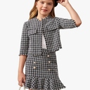 WDIRARA Girl's 2 Piece Outfits Plaid Tweed Half Sleeve Jacket and Ruffle Mini Skirt Set, Size 9Y