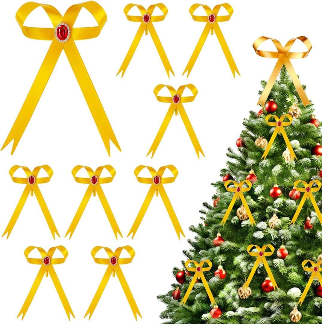 12 Pcs Gold Metal Bow Ornaments with Red Gem  3.4x5.6 Clip-On Christmas Tree Bows, Elegant Gold Bow Decorations for Wreaths, Garlands, Weddings, Parties & Home Decor