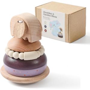 Baby Stacking Rings Toy, Wooden Elephant Stacker with Soft Silicone Teether, Montessori Educational Toy for Infants & Toddlers, Early Learning Gift