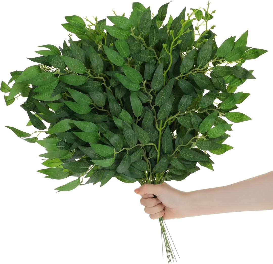 24 Pcs Italian Ruscus Greenery Stems, 21.6 Inch Artificial Green Plants Stems Leaves Faux Greenery for Centerpieces, Wedding Arch, Bouquet, Vase Filler, Home Decor