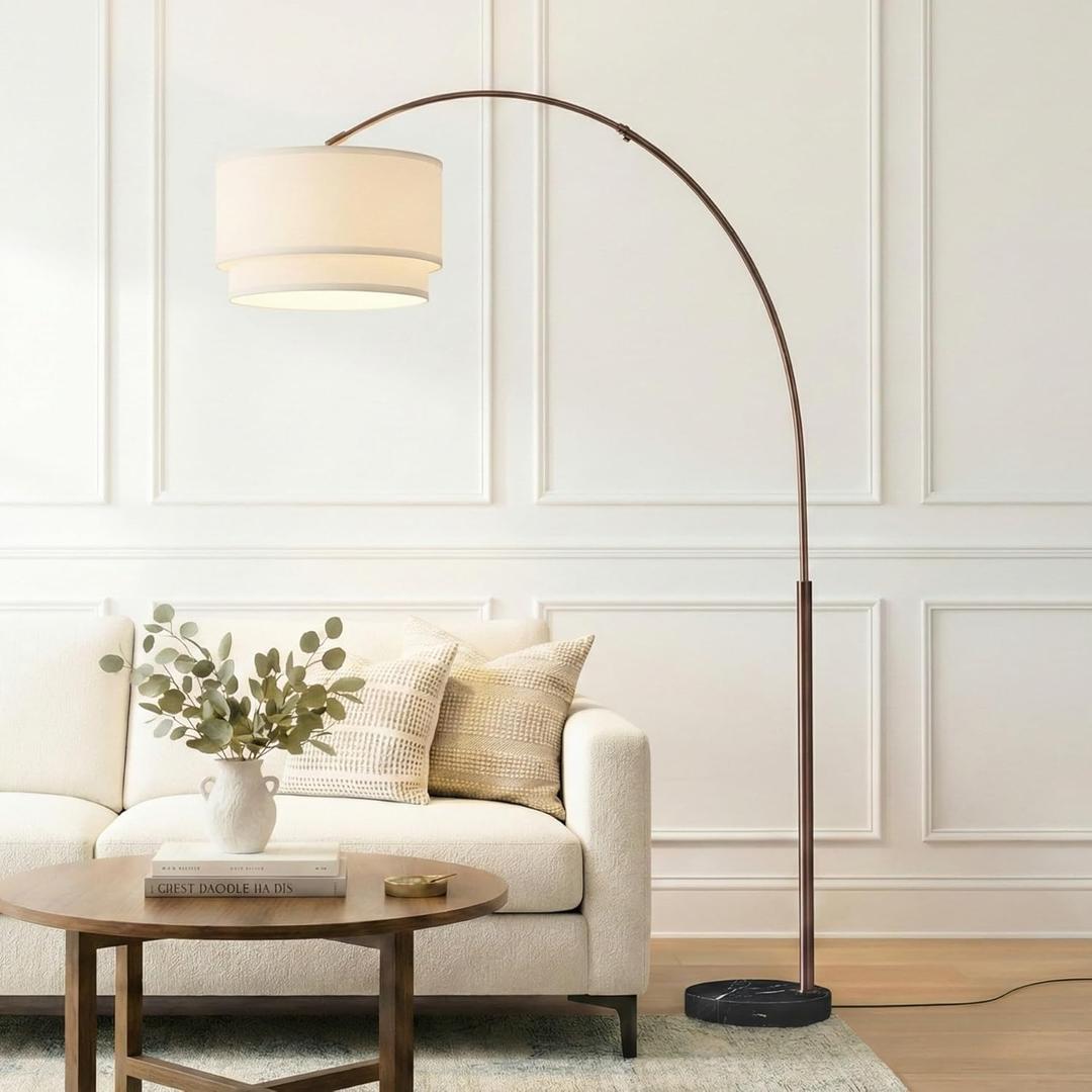 Brightech Mason Arc Floor Lamp - Modern Corner Standing Lamp with Unique Hanging Drum Lamp Shade for Living Room - Bright Overhead, Curved Hanging Light for Bedroom. Library, Den - Bronze