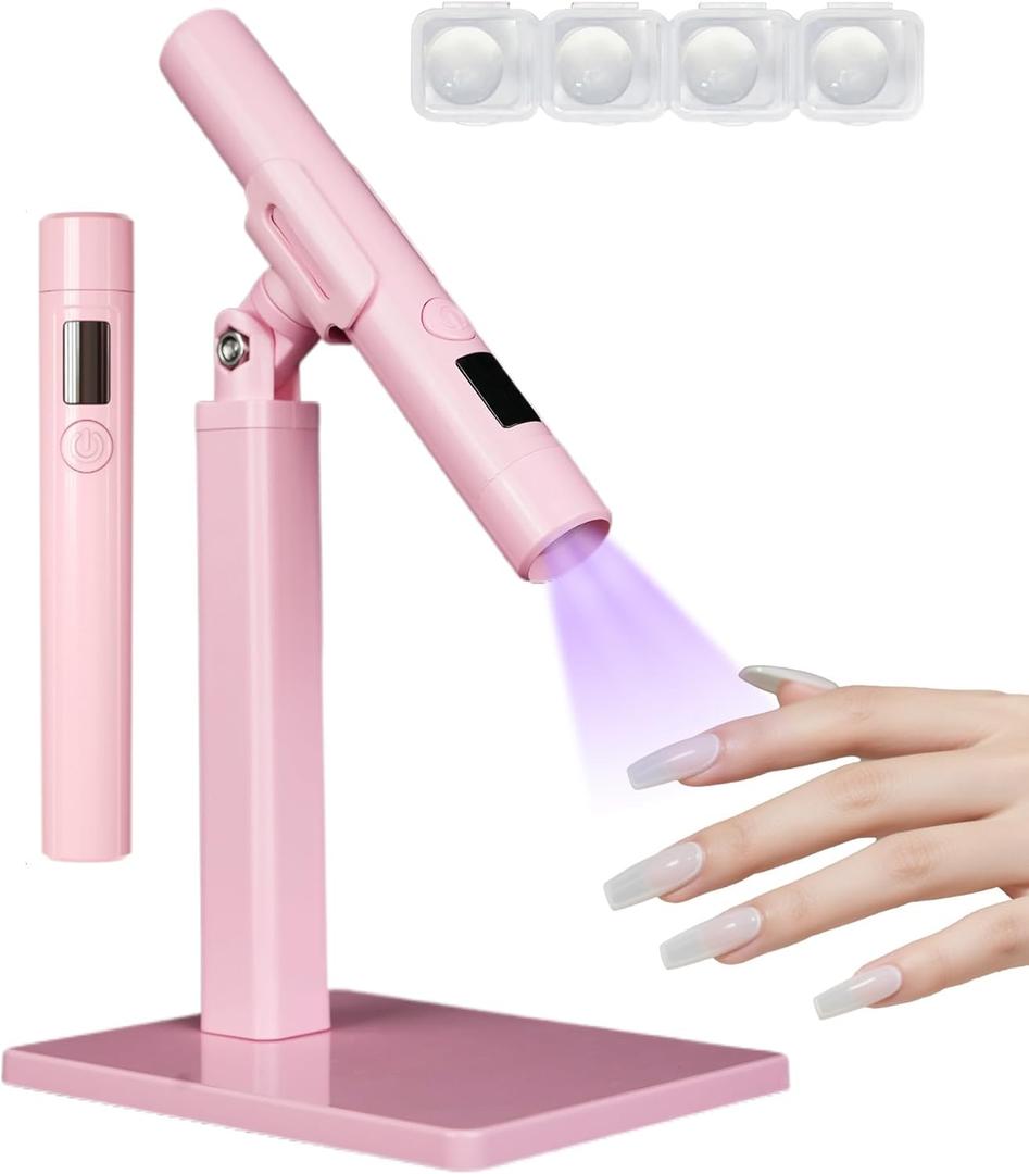 Mini UV Light for NailsHandheld LED Flash Cure Lamp for Gel X Polish, Portable Uv Pen Light for Single Finger,Nail Curing Lamp with Stand for Starter Salon DIY or Home Manicure (Pink, Mini)