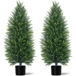 Grooy 4FT Artificial Cedar Topiary Tree with Pot, Set of 2 Fake Evergreen Tree for Indoor Home Christmas Decor Outdoor Garden Porch Decor