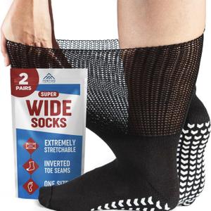 FORTIVO 2 Pairs Extra Wide Socks For Swollen Feet, Non-Slip Hospital and Diabetic Socks for Men and Women (Black)