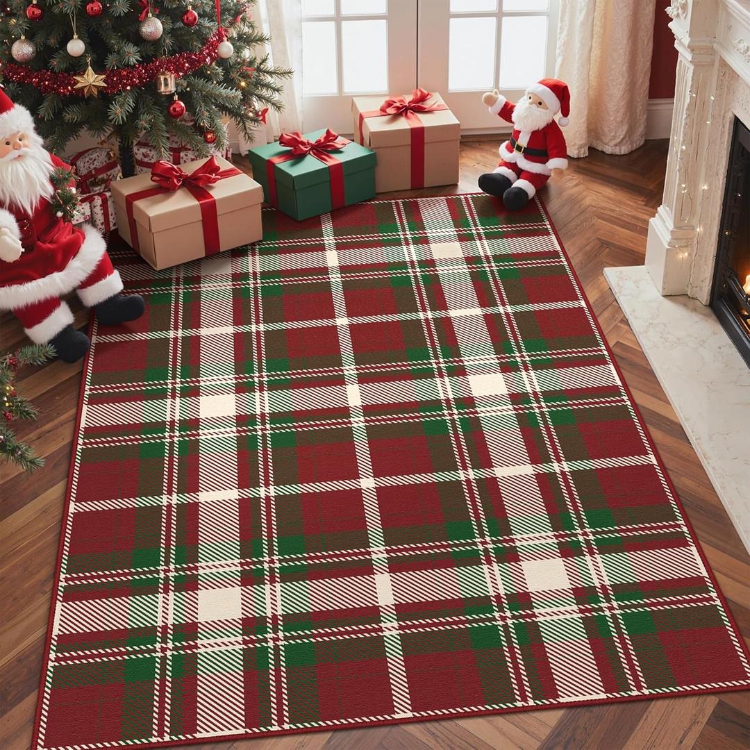 Christmas 5x7 Area Rugs for Living Room Bedroom,Xmas Checkered Buffalo Plaid Rug,Machine Washable Low Pile Non Slip Soft Indoor Floor Carpet,Holiday Decorative Rug for Dining Room,Ivy-Red Tartan
