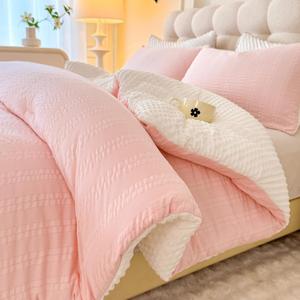 Boho Comforter Set Twin Size Striped Pleats Bohemian Seersucker Bedding Set All Season Soft Cozy 2 Pieces Quilt with 1 Pillowcase(68"X90" Blush Pink)