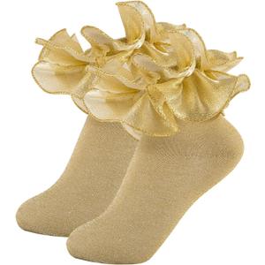 White Girls Ruffle Socks Gold Shimmering Big Double Layer Lace Sock Ruffles Frilly Dress Socks for Baby Toddler Girl (1-3T, Gold Glittery - 2 Pairs)