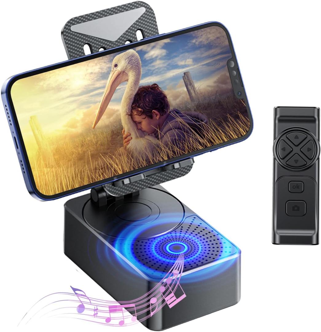Phone Stand with Speaker with Bluetooth 5.3,Phone Stand with Remote Control & Adjustable Height/Angle,Non-Slip Silicone Base,Portable for Home/Office/Outdoor,Gifts for Men Women Teens Parents