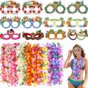 12 Pieces Hawaiian Leis and 12 Pieces Luau Party Glasses, Hawaiian Accessories, 12 Colours Leis for Luau Party, 8 Styles Paper Glasses for Hawaii Luau Party Favors