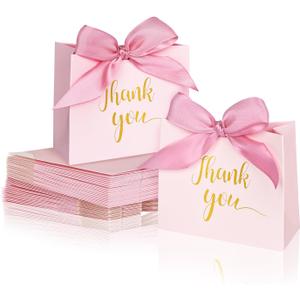 DECHISY 60-Pack Small Thank You Bags, 4.5x1.8x3.9 Inches Pink Paper Gift Bags With Ribbon - Mini Candy Boxes For Wedding, Birthdays & More