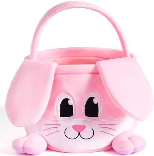 JOYIN Easter Pink Bunny Basket, Pink Rabbit Backet with Foldable Ears, Empty Soft Basket with Handle, Easter Gifts for Babies, Kids Egg Hunt, Candy Bag Party Favor Storage Container(10.9”× 7.9”× 9.4”)