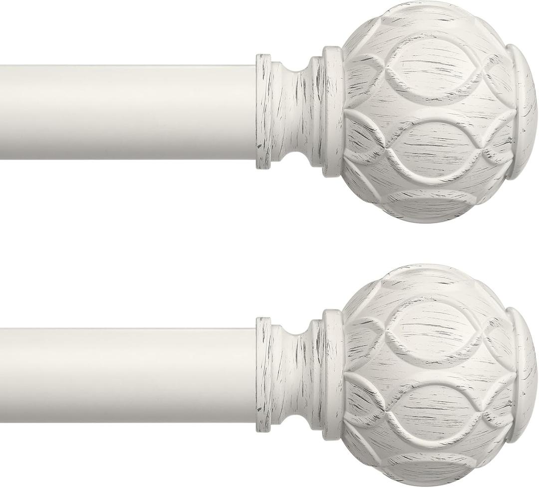 2 Pack Antique White Curtain Rods for Windows 48 to 84 Inch, Adjustable Vintage Decorative 1 Inch Heavy Duty Curtain Rod, Rustic Farmhouse Drapery Pole with Boho Netted Texture Flower Finials