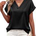 MASCOMODA Womens V Neck Silk Satin Tops Dressy Short Sleeve Work Blouses Spring Summer Loose T Shirts Business Casual Outfits (Large, Black)