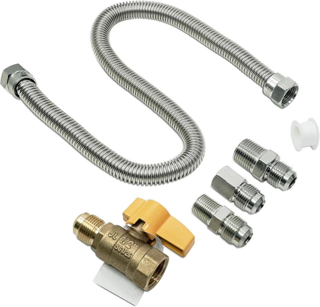 1212MMKIT 22” Flexible Natural Gas Hose Kit with 1/2" Male Flare x 1/2" Male Pipe 1/2" Male Flare x 3/8" Male Pipe 1/2" Male Flare x 3/8" Female Pipe Propane Hose Heater Hose Connectors