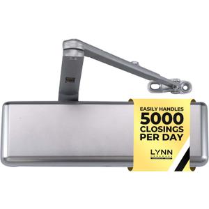 LYNN HARDWARE Extra Heavy Duty Automatic Door Closer (Silver) - Commercial Grade, Contractors Choice, Adjustable Speed, Delayed Closing Timer, 3 Mounting Options, 3 Hour Fire Rated (DC9016 Model) (Aluminum)