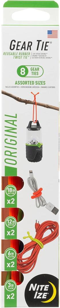 Nite Ize Original Gear Tie - Assorted Length Reusable Rubber Twist Gear & Zip Ties - Electric Cord Organizers - Assorted Colors & Sizes, 8 Pack