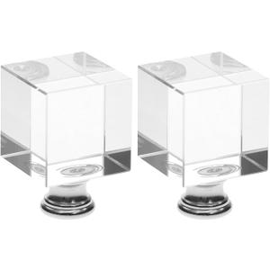 QWORK Clear Cube Crystal Lamp Finials with Silver Polished Chrome Base  2 Pack Modern 1-4/5" Tall Decorative Lamp Finial Cap Knobs