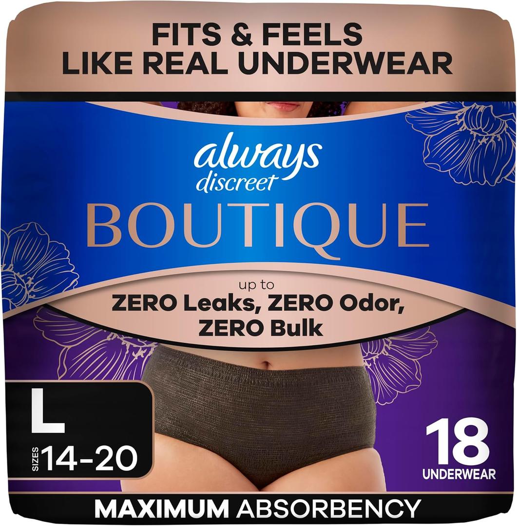 Always Discreet Boutique Incontinence and Postpartum Underwear for Women, Maximum Protection, Large, Black, 18 Count