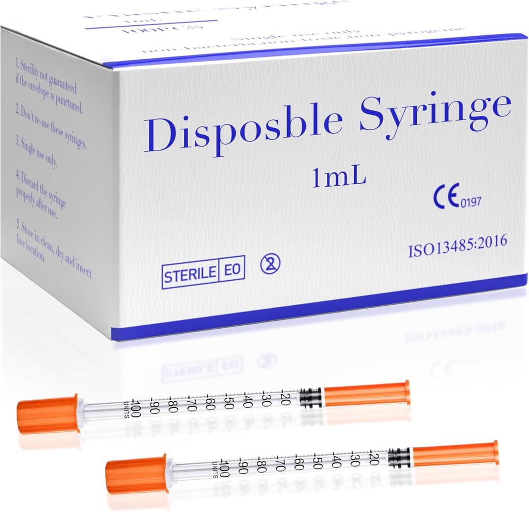 1 mL 30G x 5/16" (8mm) Syringes 100 Pack, Disposable Sterile Syringe, Individually Wrapped, Clear Markings for Lab Supplies Dispensing Supplies