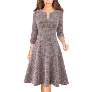 VFSHOW Womens Work Business Front Zipper A-Line Dresses 3/4 Sleeve Office Church Fit and Flare Skater Swing Knee Length Dress (Pink Tweed)