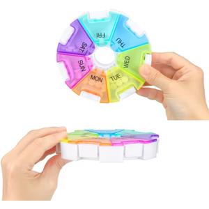 Weekly Pill Organizer 7 Day Round Pill Box Arthritis Friendly Spring Open, Leak-Proof Compartments for Vitamins, Medications & Supplements BPA-Free Travel Pill Case, Color-Coded Daily, Spill-Proof