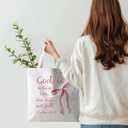 Coquette Pink Bow Christian Tote Bag, God Is Within Her She Will Not Fall Bible Canvas Tote Bags for Women, Preppy Religious Reusable Grocery Shopping Bags